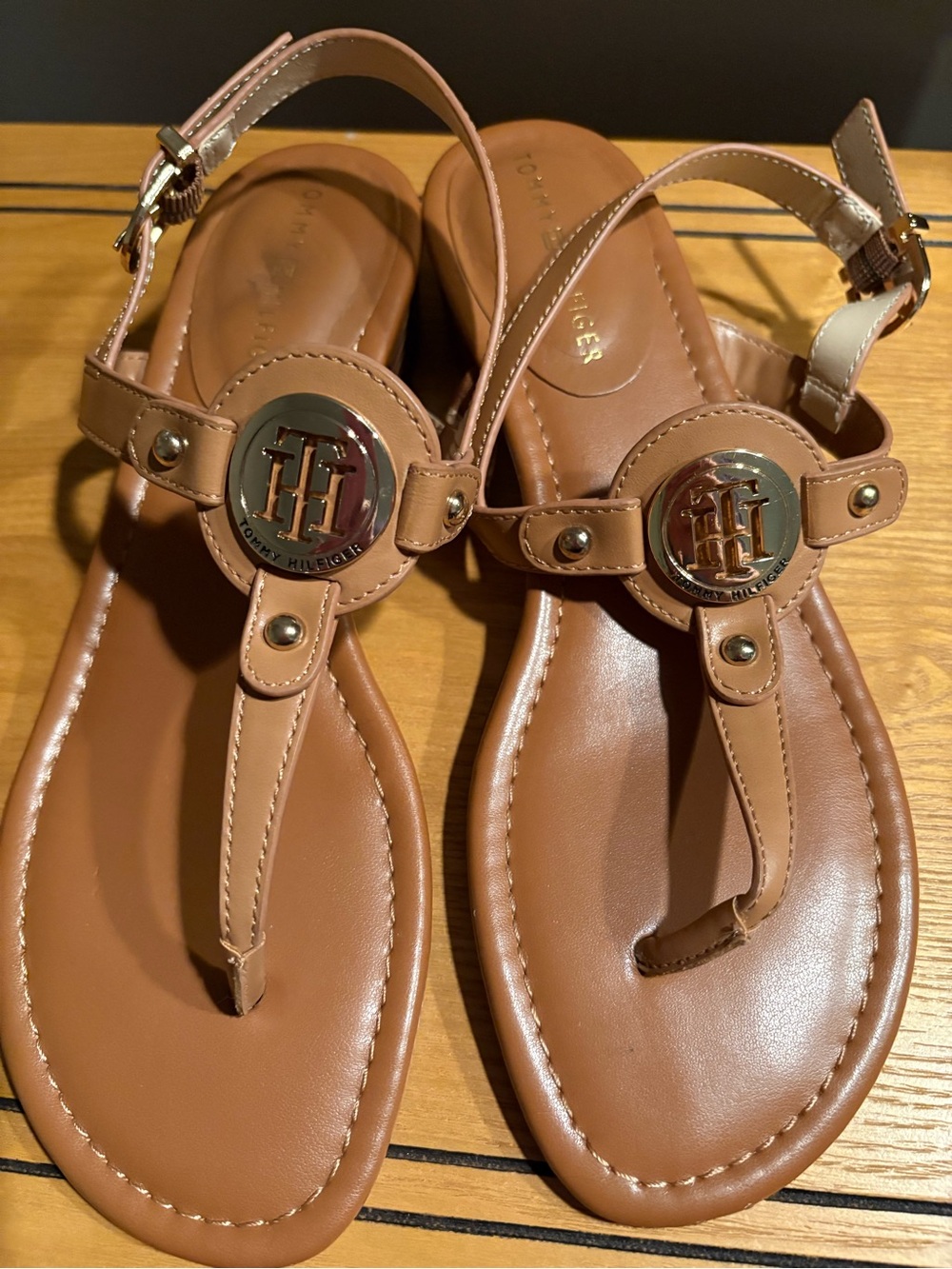 Tommy Hilfiger Women's Brown Leather T-Strap Sandals